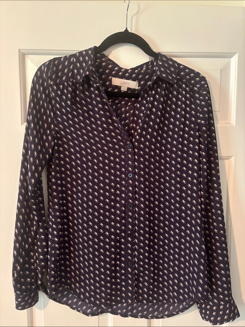 LOFT Navy and White Printed Button-Front Blouse